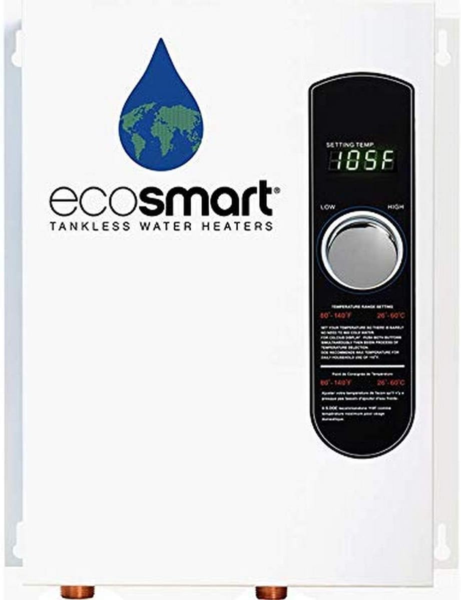 EcoSmart ECO 18 electric tankless water heater installed on a white wall