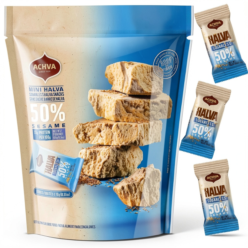 Achva Halva Mini Snacks displayed on a kitchen countertop, individual wrappers spread out