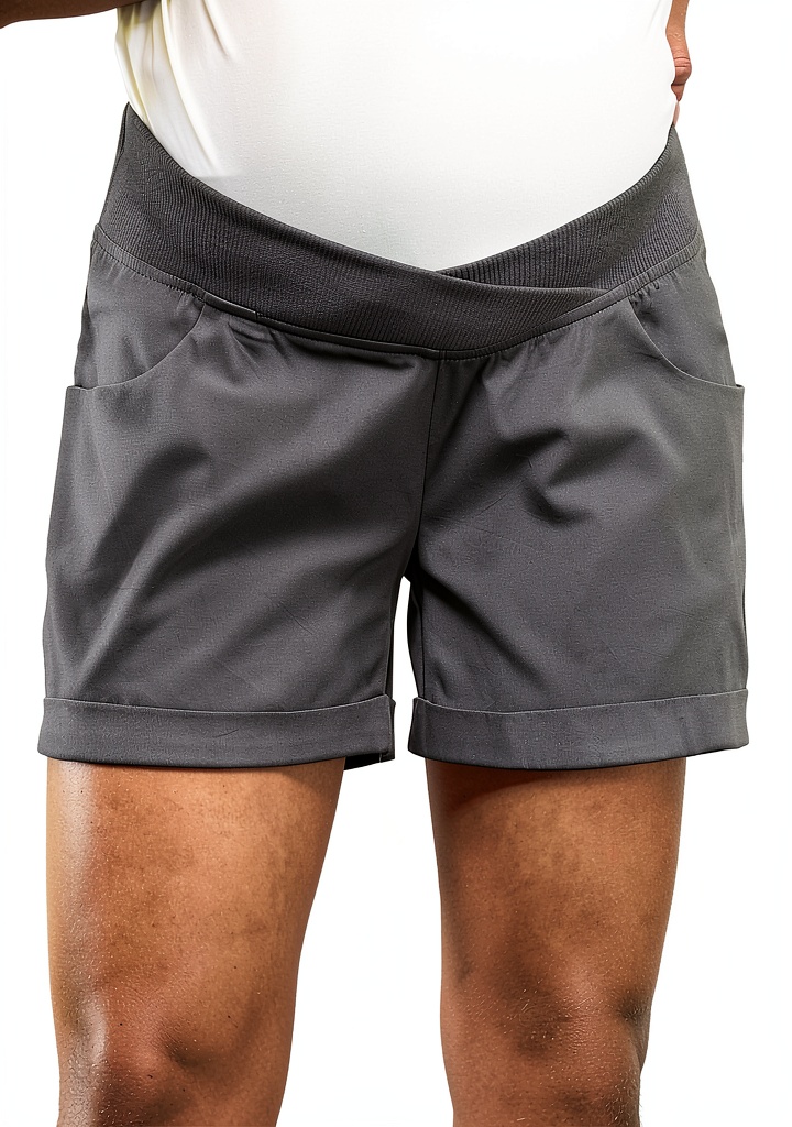 Maternity shorts displayed on a mannequin showing fabric stretch