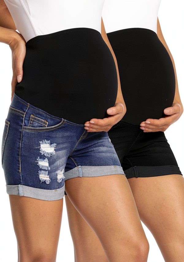 Maternity Denim Shorts by MamaFit Stretch Elastic Waist Black Navy XL-0