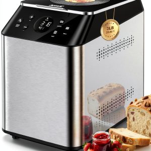KBS 3LB Programmable Bread Maker,20-in-1 Automatic Bread Machine with Ceramic Pan & Fruit Dispenser, 850W Dual Heaters Bread Maker Machine with Quiet Brushless Motor,Stainless Steel,15H Timer,3 Colors-0