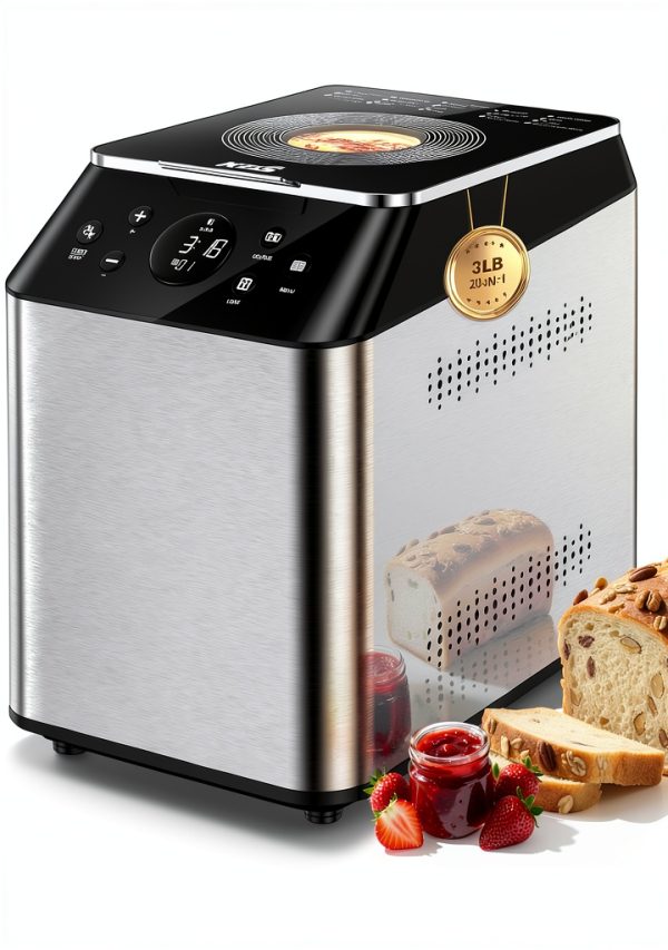 KBS 3LB Programmable Bread Maker,20-in-1 Automatic Bread Machine with Ceramic Pan & Fruit Dispenser, 850W Dual Heaters Bread Maker Machine with Quiet Brushless Motor,Stainless Steel,15H Timer,3 Colors-0