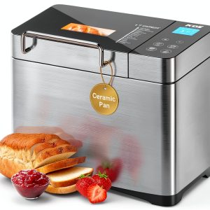 KBS Pro 710W Bread Maker, 2LB 17-in-1 Automatic Bread Machine with Healthy Ceramic Pan, Nut Dispenser, Tempered Glass Touch Panel, Stainless Steel Housing,3 Crust Colors, 15H Timer&Keep-Warm, Recipe-0